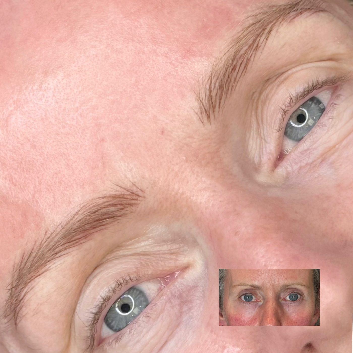 Close-up of hair-stroke brows, with the original brows shown in an inset