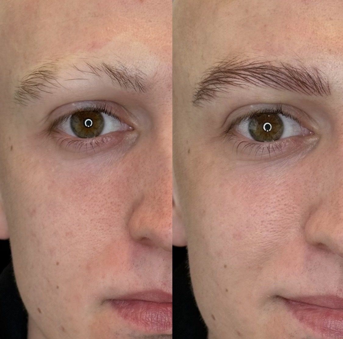 Before and after: sparse, patchy brow on the left, fuller hair-stroke brow on the right